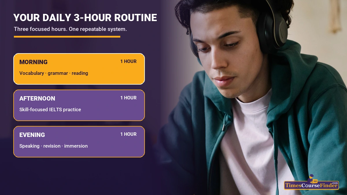 A daily 3-hour IELTS self-study routine split into morning, afternoon, and evening